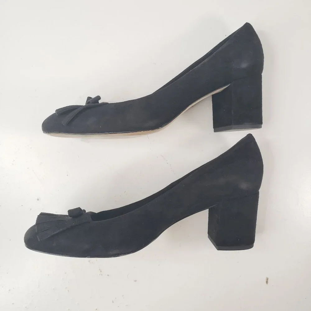 Kate Spade Kiltie Block Heel Pumps Sz 10 Black Suede Slip On Dressy Bow Heels - Picture 7 of 12